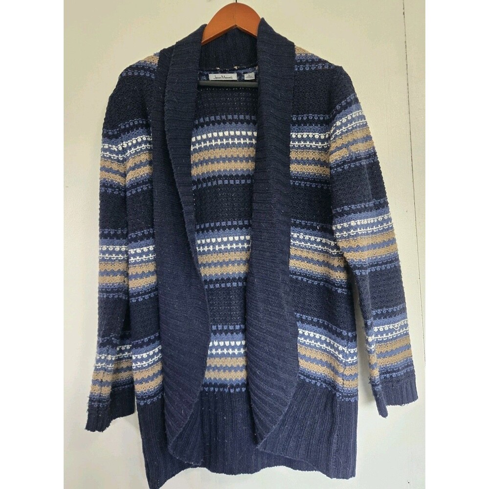 Jason Maxwell Cardigan Womens L Open Front Striped Blue Preppy Comfort Academia